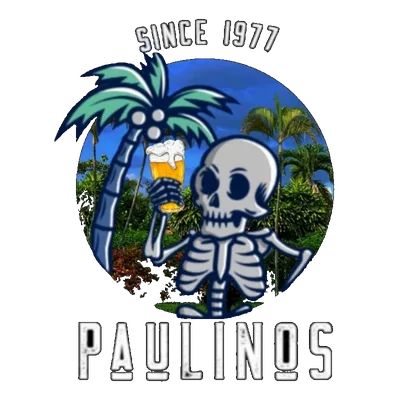 Logo de Bar Paulinos: un esqueleto brindando con una cerveza entre palmeras, con el lema «Since 1977»